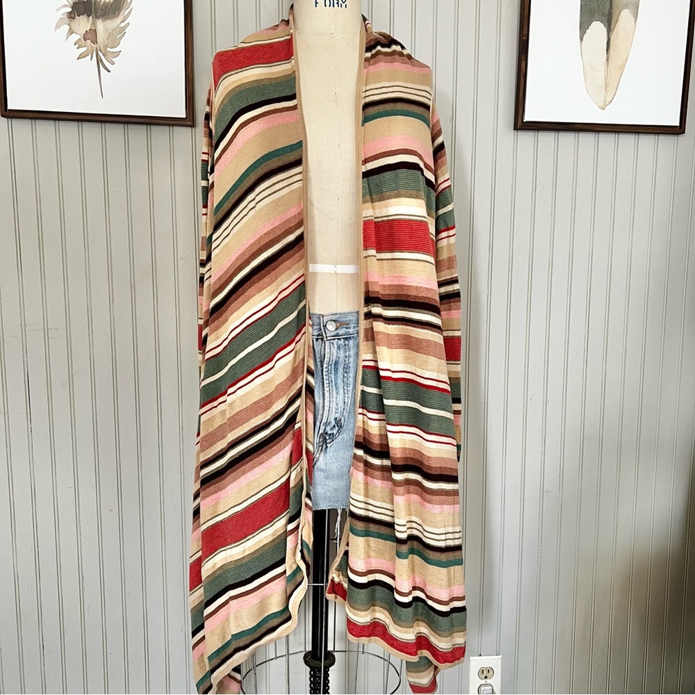 Ralph Lauren Linen & Silk Hi Low Tan Striped Cardigan Duster Size Large